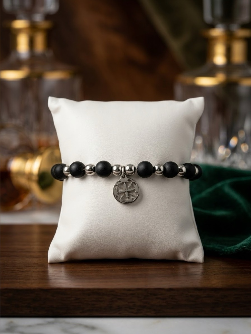 Rustic Cuff Black Bead Bracelet with Silver Charm